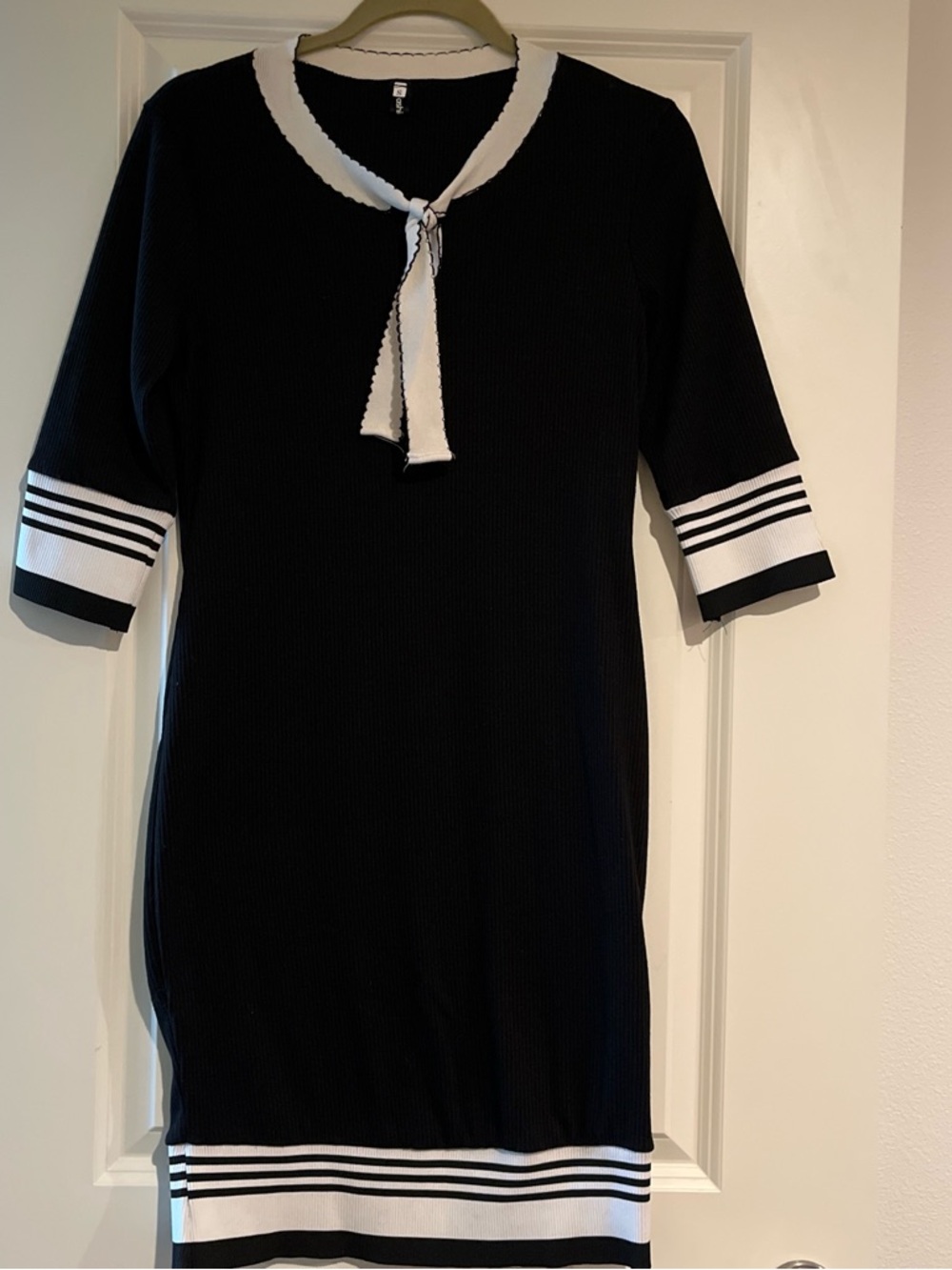 Black Knit Tie-Neck Dress with White Trim